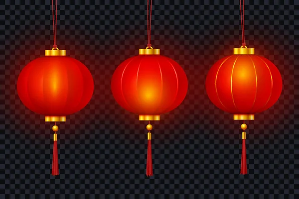 Векторная Китайская Красная Бумага Светящийся Фонарь Изолирован Прозрачном Фоне Набор — стоковый вектор