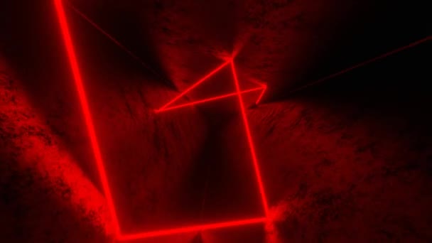 4K红光 发光管 霓虹灯和线在三角形黑暗隧道内跳跃和向前移动的无缝隙环路动画 — 图库视频影像