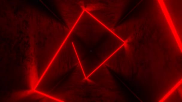 4K无缝隙的红色霓虹灯动画 激光线在正方形黑暗隧道中跳跃向前移动 Vj循环 运动图形 — 图库视频影像