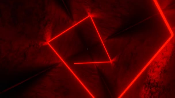 4K无缝隙的红色霓虹灯动画 激光线在正方形黑暗隧道中跳跃向前移动 Vj循环 运动图形 — 图库视频影像