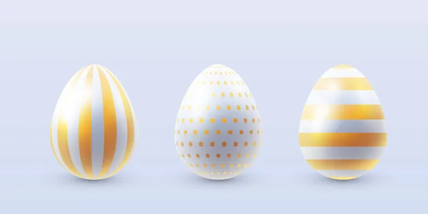Vector Set White Easter Eggs Gold Pattern Decoration Isolated White — Vettoriale Stock