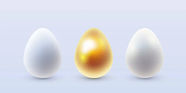 Vector Set White Easter Eggs Gold Pattern Decoration Isolated White — 스톡 벡터