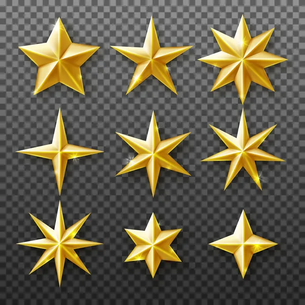 Gold Star Set Isolated Transparent Background Vector Realistic Christmas Decoration — Stock vektor