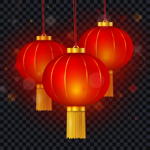 Векторные Китайские Красные Висячие Бумажные Светящиеся Фонари Изолированы Прозрачном Фоне — стоковый вектор