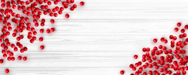 Christmas Red Holly Berry Branches White Wooden Background Vector Seasonal — Wektor stockowy