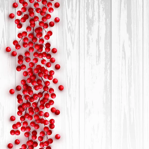 Christmas Red Holly Berry Branches White Wooden Background Vector Seasonal — Image vectorielle