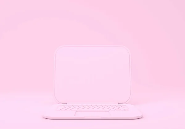 Pink laptop with blank screen mockup on pink background. 3d render. Desktop minimal concept