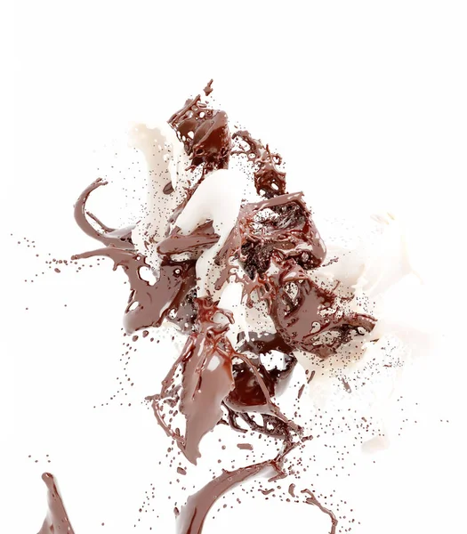Dark Chocolate White Milk Splashes Isolated White Background Caramel Mixed — Stock Photo, Image