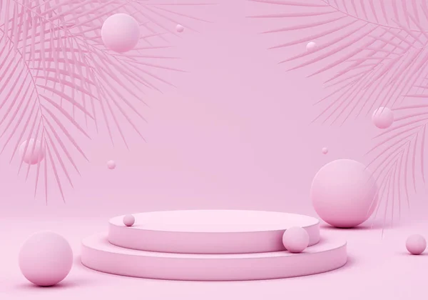 Render Illustration Abstract Geometric Composition Podium Palm Leaves Spheres Pink — Fotografia de Stock
