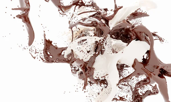 Dark Chocolate White Milk Splashes Isolated White Background Caramel Mixed — Fotografia de Stock