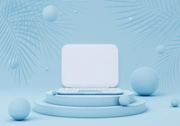3d illustration with blue laptop on pedestal. Notebook computer design concept on blue background with balls and palm leaves. 3D render