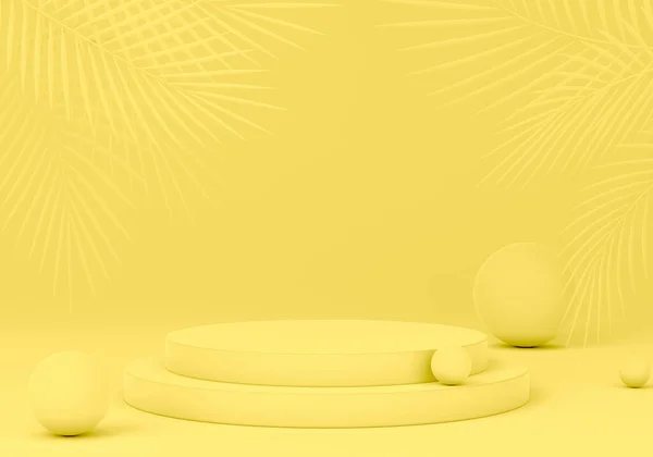 Render Illustration Yellow Abstract Geometric Composition Pedestal Palm Leaves Spheres — Stock Photo, Image