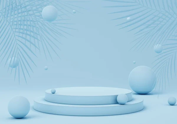 Render Illustration Abstract Geometric Composition Podium Palm Leaves Spheres Blue — Stock Photo, Image