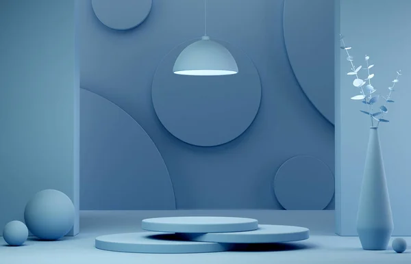 Forma Geométrica Abstrata Cor Azul Cena Minimalista Com Pódio Lâmpada — Fotografia de Stock