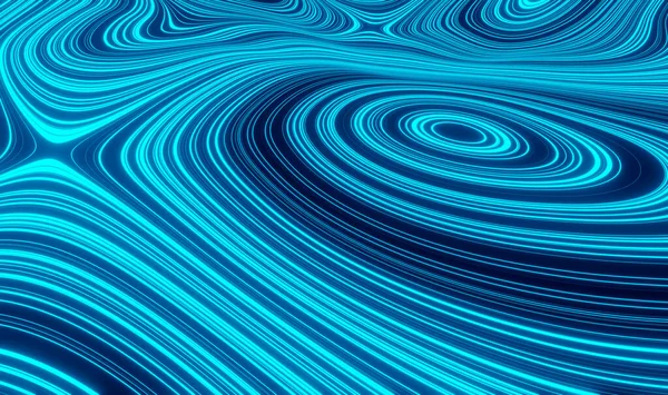 3D Render abstract topographic map background. Valleys and mountains, topo contour map illustration. Magic blue neon lights wavy lines backdrop. Technology concept, geography background, space surface