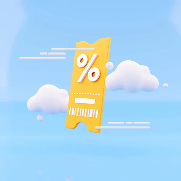 Жовтий 3D рендеринговий купон з хмарою на різні знижки та продажі товарів та онлайн квитків на кіно. 3D рендерингу — стокове фото