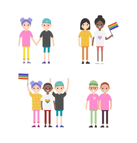 LGBT family flat vector illustration set. Cartoon happy LGBT family people collection of gay lesbian bisexual couple parent character and adopted children, rainbow adoption parenting isolated white. — Stock Vector