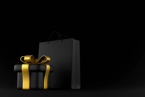 Bolsa de compras negra y caja de regalo negra sobre fondo negro. Prepárate. renderizado 3d —  Fotos de Stock