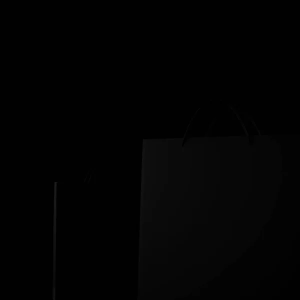 Bolso de tienda 3d render negro sobre fondo negro. 3d renderizado negro bolsa de compras en la oscuridad —  Fotos de Stock