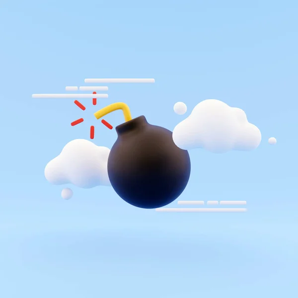 3Dレンダリング爆弾アイコン青の背景に雲。抽象的な背景に3Dレンダリング爆弾アイコン. — ストック写真