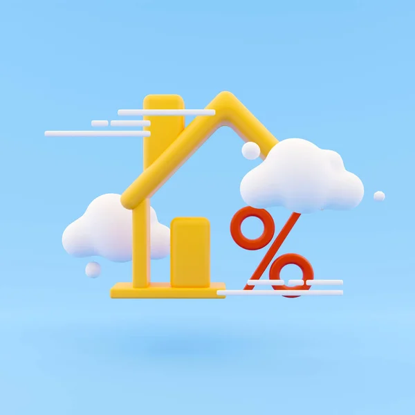 3D-Rendering Home und Interesse-Symbol mit Wolkensymbol auf blauem Hintergrund. 3D-Rendering Haus, Haus, Rabatt, Zinssymbol auf abstraktem Hintergrund — Stockfoto
