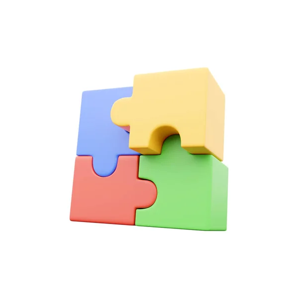 3D-Render-Puzzlesymbol, vierfarbiges Puzzleteil, isolierter Hintergrund, 3D-Rendering-Illustration des Puzzlesymbols auf weißem Hintergrund — Stockfoto