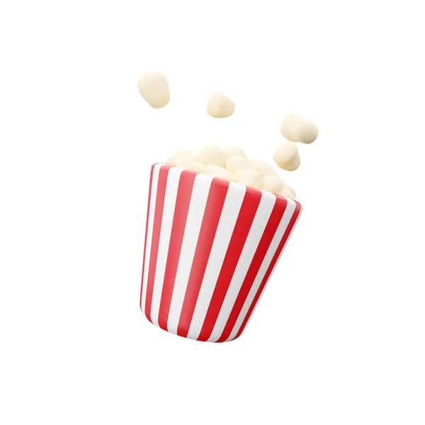 Ilustración de renderizado 3D. Cubo rojo y blanco con palomitas de maíz volando sobre fondo blanco aislado. Caja de entretenimiento. Concepto de caramelo. Snack de cine. Icono 3D de palomitas de maíz — Foto de Stock