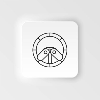 Yarış oyunu, sürüş, tekerlek neumorfik stil vektör ikonu. Neumorphism tarzı. Yarış oyunu, sürücü tekerleği neumorfik stil vektör ikonu. Beyaz arkaplanda neumorfizm biçimi.