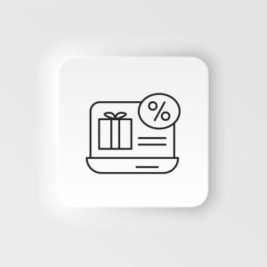 E-ticaret neumorfik biçim vektör ikon dizüstü bilgisayarı, hediye kutusu, indirimli taslak vektör simgesi seti