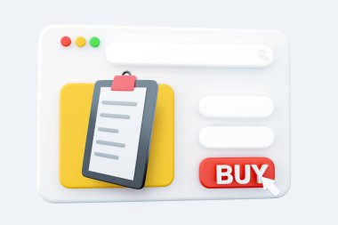 Pano kağıdındaki 3D render web sayfası denetleme listesi izole, 3D render web sayfası illüstrasyonu. İşaretli görevleri olan bir defter. Çevrimiçi araştırma kavramı, sınav notu, iş sözleşmesi, araştırma formu. Web sayfası