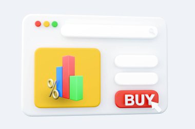 Sayfa 3D yorumlama web sayfası veri analiz konsepti pankartı. Yükselen okla büyüyen çubuklar grafiksel. 3D canlandırma web sayfası illüstrasyonu. Web sayfası