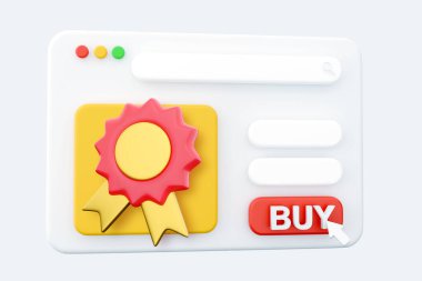 Mavi arkaplanda kırmızı rosette simgesinin 3D render web sayfası çizimi. 3D render web sayfası ödül kurdele ikonu. Web sayfası