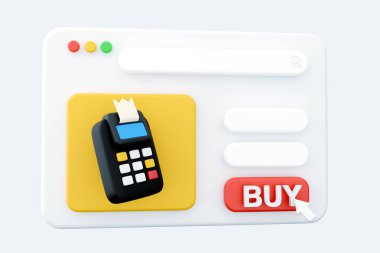 3D render web sitesi ödeme terminali, çizgi film tarzı. Mor arka planda POS terminali, çek ve kredi kartıyla. Onaylanmış ödeme. 3B hazırlama web sayfası web sayfası