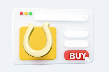 At nalının 3 boyutlu web sayfası, beyaza izole edilmiş. 3D render web sayfası simgesi at nalı simgesi. Web sayfası