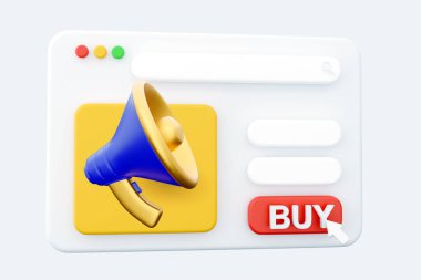 3D render web sayfası megafonu, hoparlör, yayın, paylaşım simgesi. 3D renkli çizim. Gree arka planında 3D render web sayfası megafon simgesi. Web sayfası