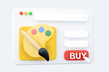 3 boyutlu rengarenk palet fırçası web sayfası, 3 boyutlu simgeler, en az izole çizgi film biçimi. 3D render web sayfası paleti ve fırça simgesi. Web sayfası