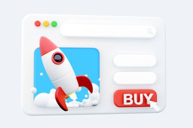 3D render web sayfası roketi mavi gökyüzü arka planında fırlatıyor. Başlangıç ve keşif konsepti. 3B hazırlama web sayfası web sayfası