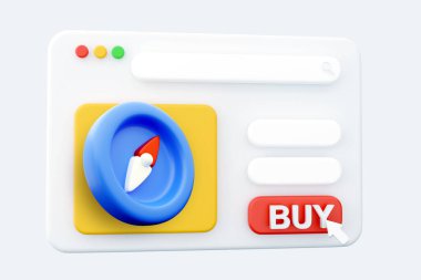 Mavi arka planda bulutlu bir pusulanın 3D görüntüleme web sayfası. 3D render web sayfası pusulası. Web sayfası