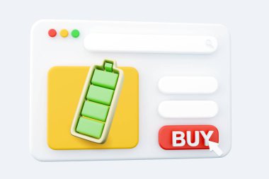 3D render web sayfası pil şarj göstergesi. 3D render web sayfası pil kavramsal tasarımı, Full Pil simgesi. Web sayfası