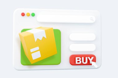 3D render web sitesi karton kutu, teslimat paketi, nakliye kutusu. Ulaşım, teslimat, nakliye konsepti. 3D render web sayfası simgesi. Çizgi film tarzı asgari. Web sayfası