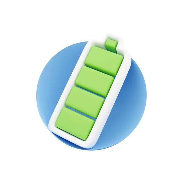 Indikátor nabíjení 3D vykreslování. 3d vykreslení baterie na bílém pozadí konceptuální design, Full Battery ikona. — Stock fotografie