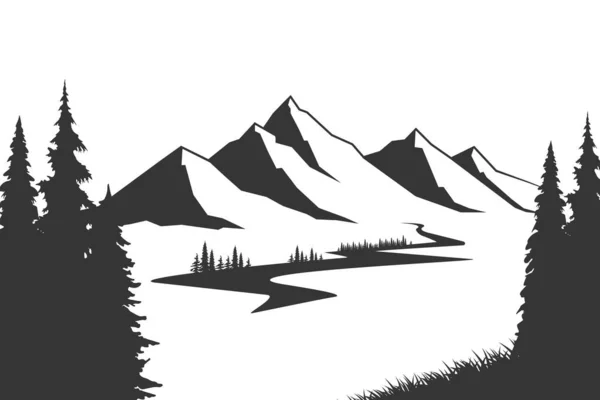 Montaña Con Pinos Paisaje Negro Sobre Fondo Blanco Ilustración Vectorial — Vector de stock