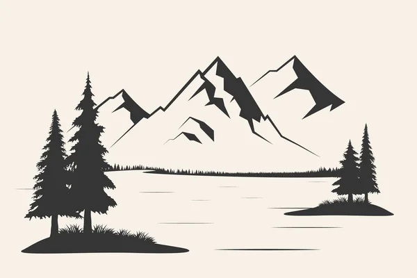 Βουνό Πεύκα Και Τοπίο Μαύρο Λευκό Φόντο Εικονογράφηση Διάνυσμα Βουνό — Διανυσματικό Αρχείο