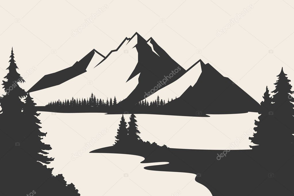 Mountains silhouettes. Mountains vector, Mountains vector of outdoor design elements, Mountain scenery, trees, pine vector, Mountain scenery