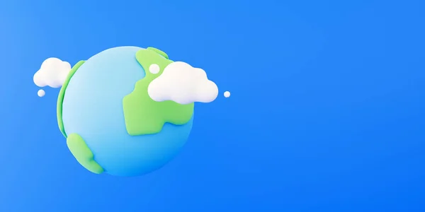 3D cartoon earth with clouds. Environmental problems and environmental protection concept. 3d earth globe icon render illustration. World globe icon 3d render.