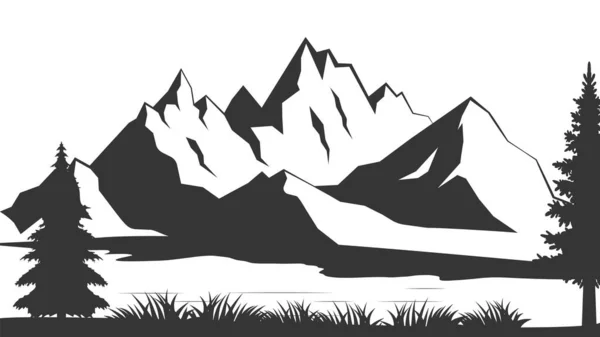 Montagne Avec Pins Paysage Noir Sur Fond Blanc Illustration Vectorielle — Image vectorielle