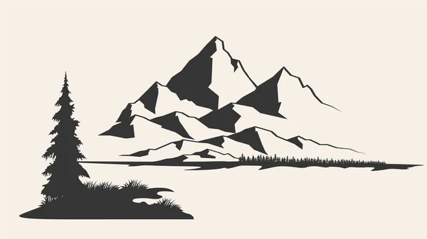 山や熱帯の木のベクトル図 山の輪郭ベクトル図 手描き スケッチを彫刻 山黒と白のベクトル図 — ストックベクタ