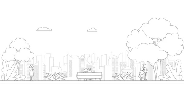 Mensen Stad Skyline Lijn Kunststijl Landschap Met Huizen Bomen Wolken — Stockvector