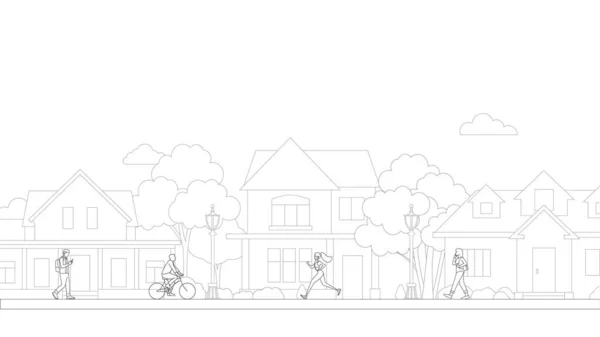 People Village Life Neighborhood Line Art Vector Residential Buildings Suburban — Stockový vektor