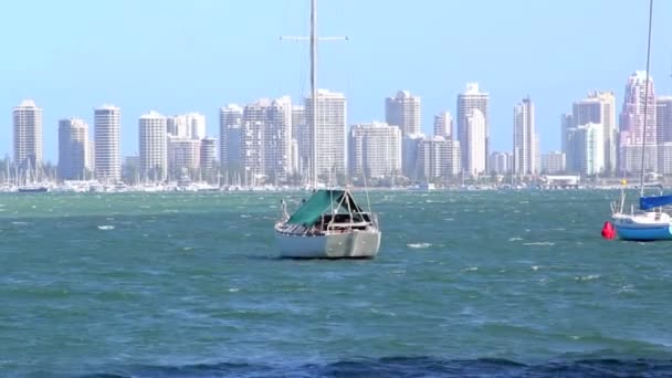 The stunning Surfers Paradise skyline seen across the Broadwater on Australia's Gold coast on a windy day — Stock Video